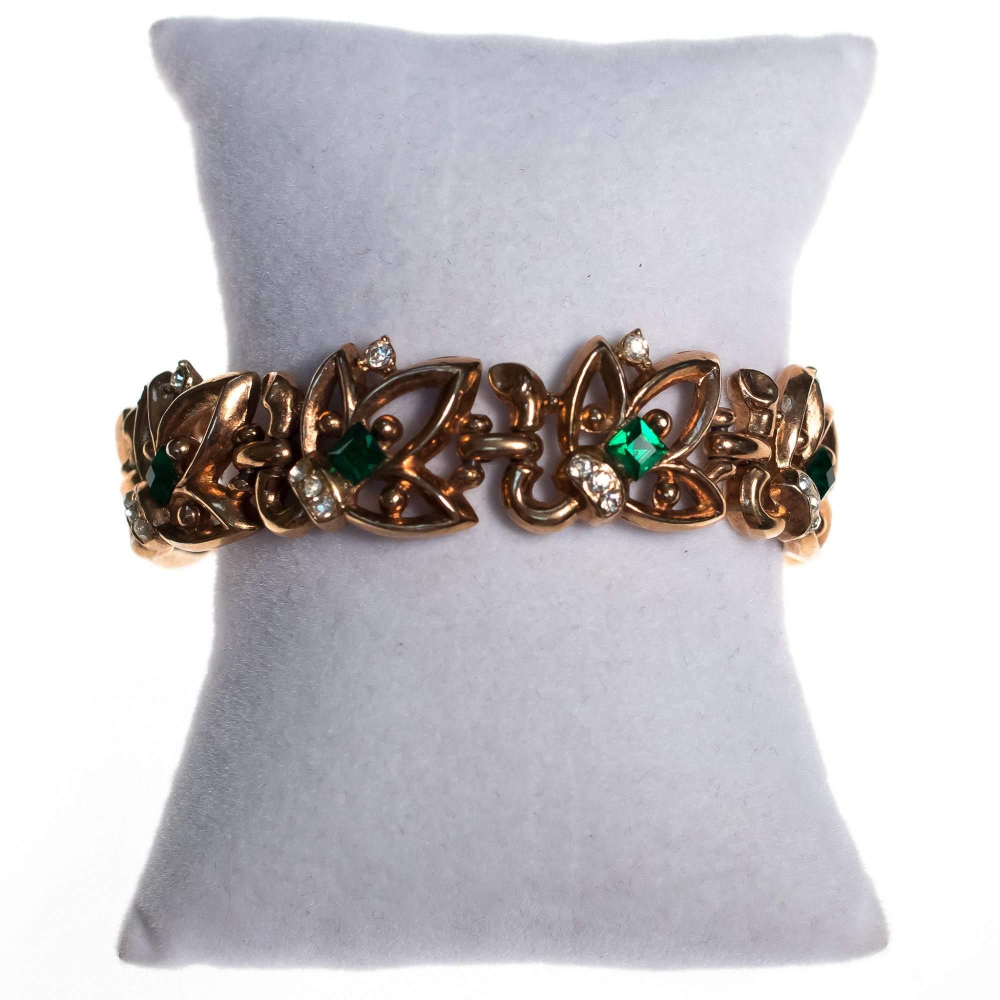 Vintage Gold Leaf Bracelet Emerald Crystals by Unsigned Beauty - Vintage Meet Modern Vintage Jewelry - Chicago, Illinois - #oldhollywoodglamour #vintagemeetmodern #designervintage #jewelrybox #antiquejewelry #vintagejewelry