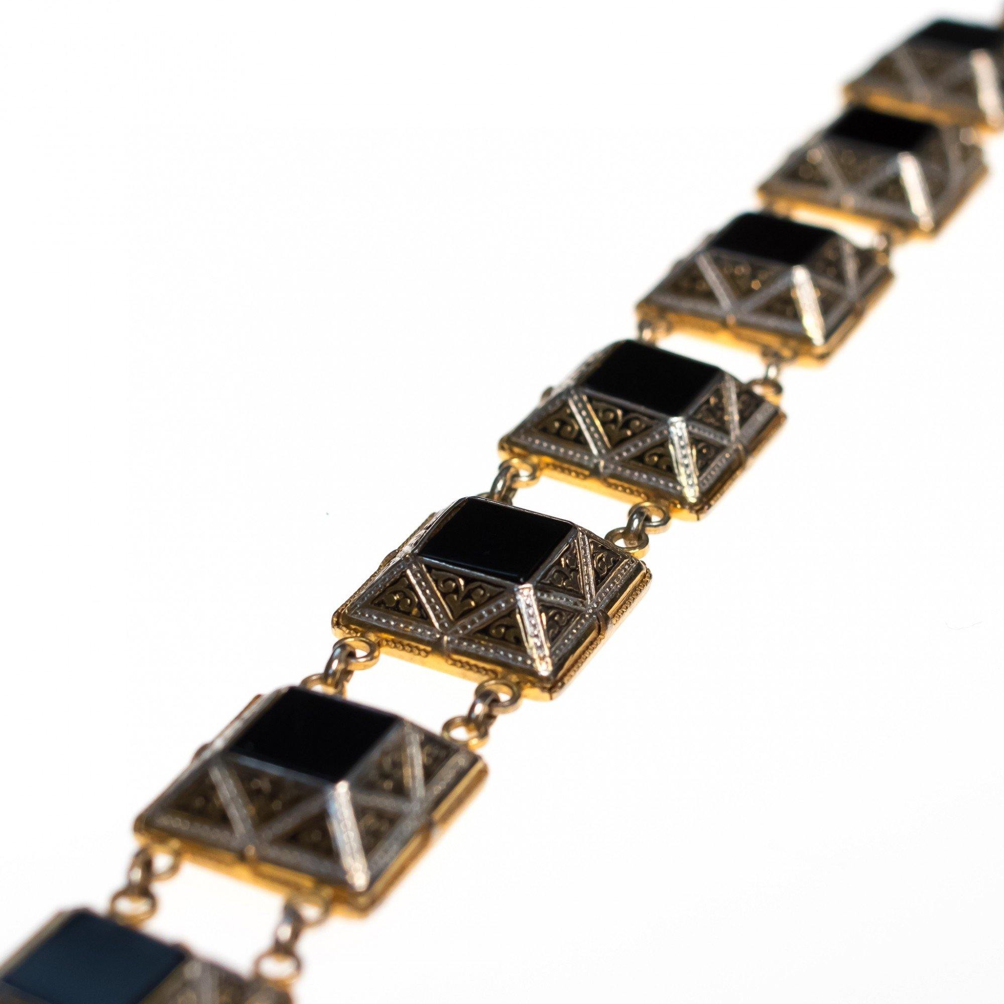 Vintage Black Enamel and Spanish Silver and Gold Damascene Square Link Bracelet by Damascene - Vintage Meet Modern Vintage Jewelry - Chicago, Illinois - #oldhollywoodglamour #vintagemeetmodern #designervintage #jewelrybox #antiquejewelry #vintagejewelry