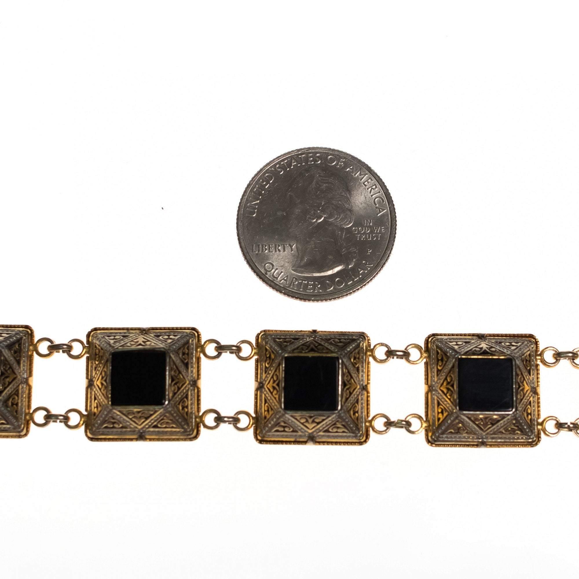 Vintage Black Enamel and Spanish Silver and Gold Damascene Square Link Bracelet by Damascene - Vintage Meet Modern Vintage Jewelry - Chicago, Illinois - #oldhollywoodglamour #vintagemeetmodern #designervintage #jewelrybox #antiquejewelry #vintagejewelry