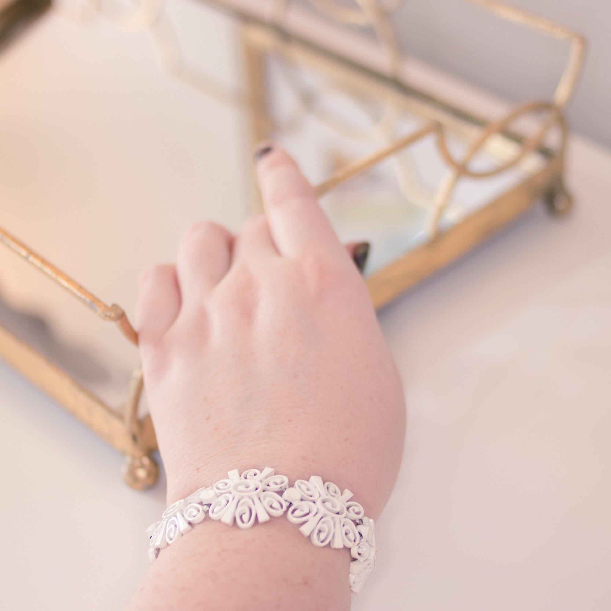 Vintage Crown Trifari White Painted Enamel Bracelet by Crown Trfari - Vintage Meet Modern Vintage Jewelry - Chicago, Illinois - #oldhollywoodglamour #vintagemeetmodern #designervintage #jewelrybox #antiquejewelry #vintagejewelry