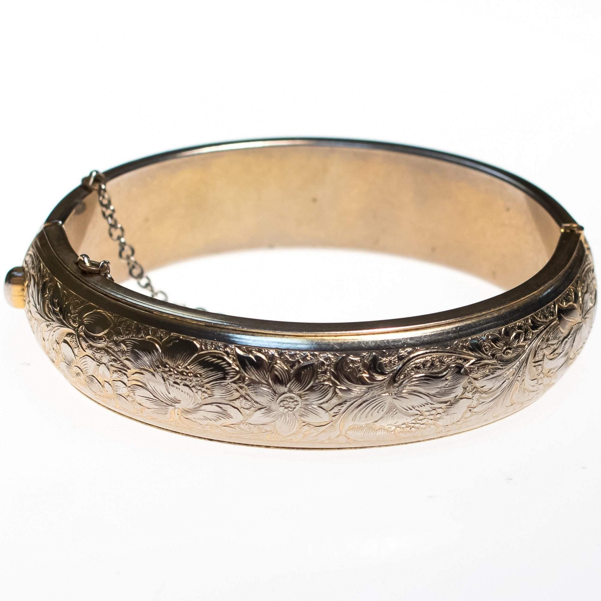 Vintage 1950s Gold Floral Embossed Bangle Bracelet by 1950s - Vintage Meet Modern Vintage Jewelry - Chicago, Illinois - #oldhollywoodglamour #vintagemeetmodern #designervintage #jewelrybox #antiquejewelry #vintagejewelry