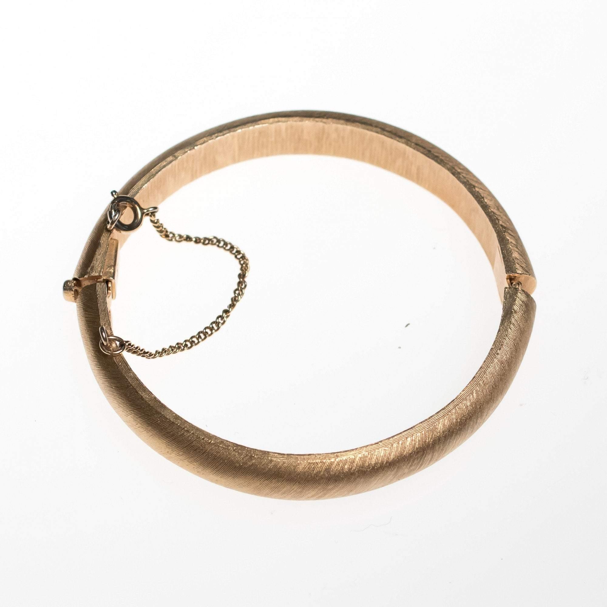 Vintage Crown Trifari Matte Gold Hinged Bangle Bracelet by Crown Trifari - Vintage Meet Modern Vintage Jewelry - Chicago, Illinois - #oldhollywoodglamour #vintagemeetmodern #designervintage #jewelrybox #antiquejewelry #vintagejewelry