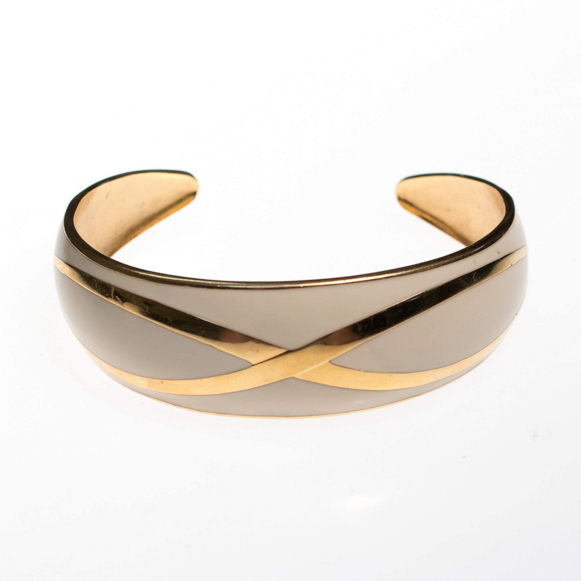 Vintage Avon Gold and White Enamel Cuff Bracelet by Avon - Vintage Meet Modern Vintage Jewelry - Chicago, Illinois - #oldhollywoodglamour #vintagemeetmodern #designervintage #jewelrybox #antiquejewelry #vintagejewelry