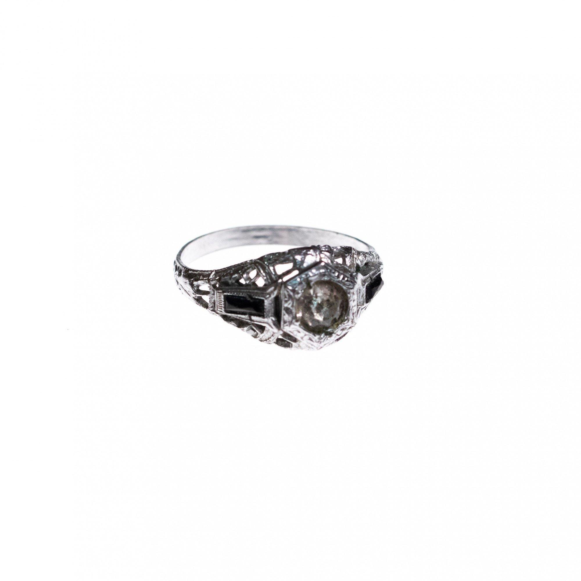 Vintage Edwardian Filigree Ring with Central Rhinestone and Side Accent Stones by Edwardian - Vintage Meet Modern Vintage Jewelry - Chicago, Illinois - #oldhollywoodglamour #vintagemeetmodern #designervintage #jewelrybox #antiquejewelry #vintagejewelry