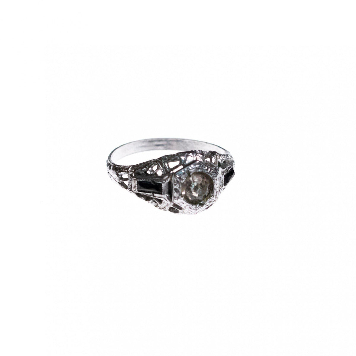 Vintage Edwardian Filigree Ring with Central Rhinestone and Side Accent Stones