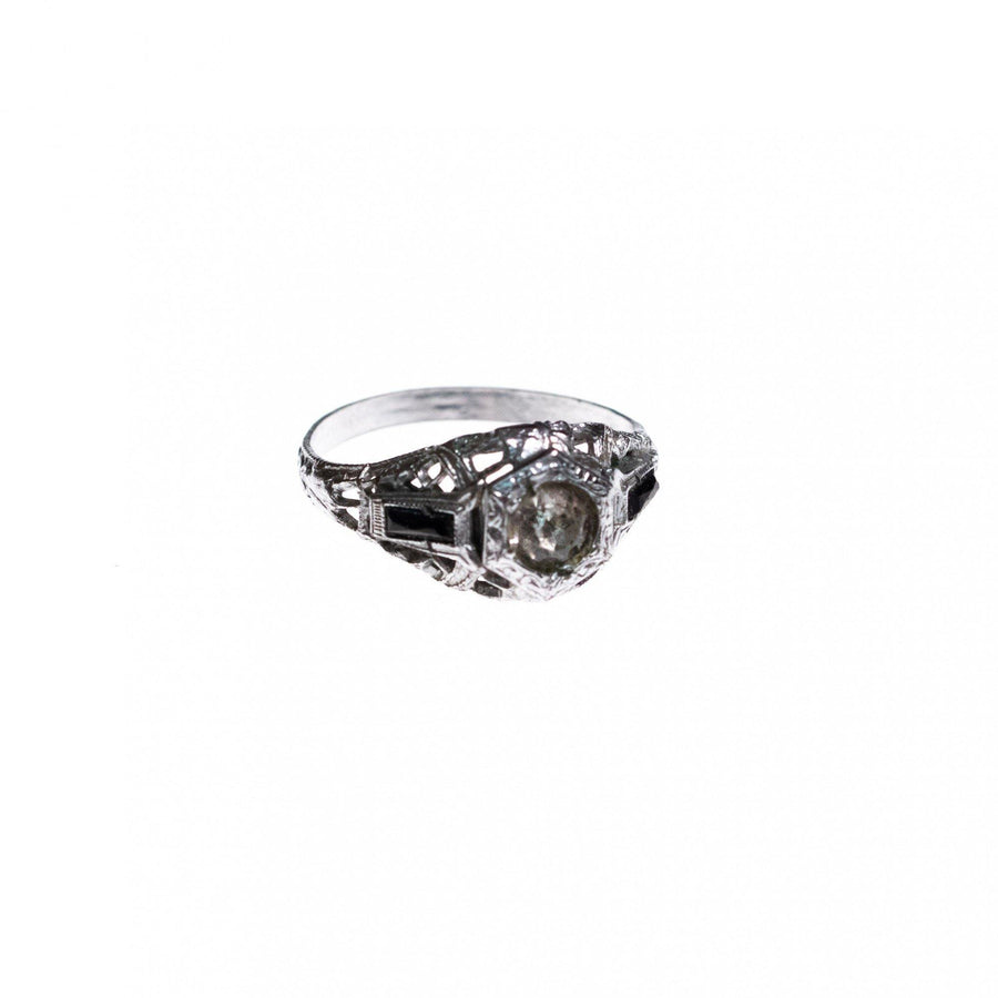 Vintage Edwardian Filigree Ring with Central Rhinestone and Side Accent Stones by Edwardian - Vintage Meet Modern Vintage Jewelry - Chicago, Illinois - #oldhollywoodglamour #vintagemeetmodern #designervintage #jewelrybox #antiquejewelry #vintagejewelry