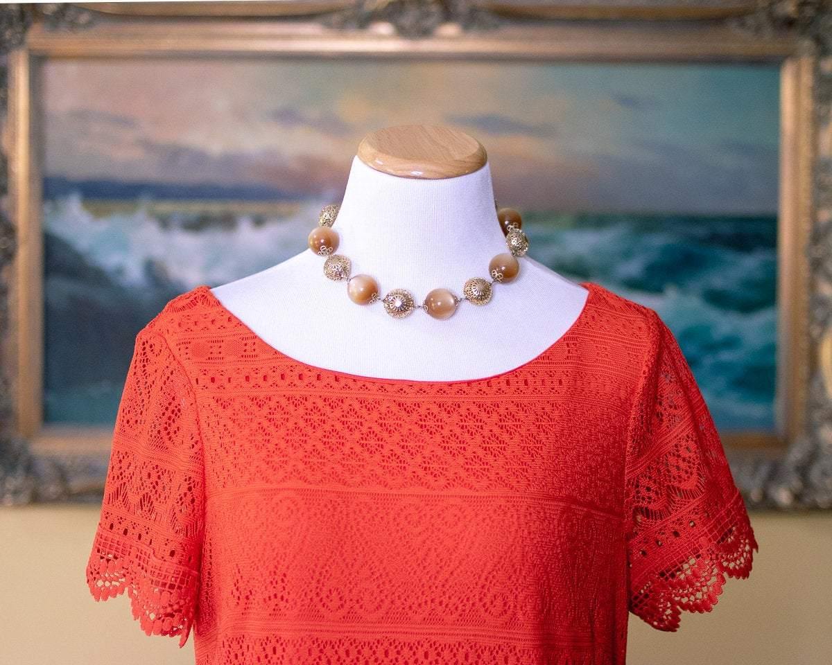 Vintage 1960s Champagne Moonglow Bead Necklace with Gold Filigree by 1960s - Vintage Meet Modern Vintage Jewelry - Chicago, Illinois - #oldhollywoodglamour #vintagemeetmodern #designervintage #jewelrybox #antiquejewelry #vintagejewelry
