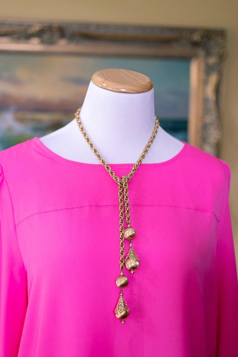 Vintage 1960s Monet Bolero Gold Lariat Necklace with Intricate Detailing by Monet - Vintage Meet Modern Vintage Jewelry - Chicago, Illinois - #oldhollywoodglamour #vintagemeetmodern #designervintage #jewelrybox #antiquejewelry #vintagejewelry