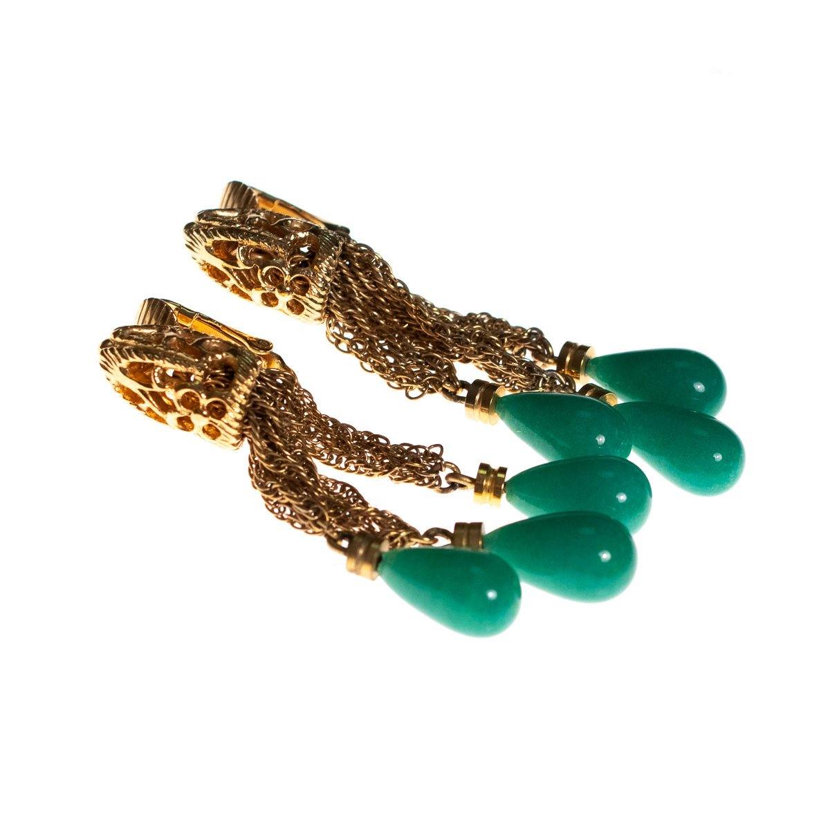 Vintage 1960s Jade Tassel Drop Earrings with Gold Links by 1960s - Vintage Meet Modern Vintage Jewelry - Chicago, Illinois - #oldhollywoodglamour #vintagemeetmodern #designervintage #jewelrybox #antiquejewelry #vintagejewelry