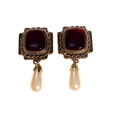 Vintage 1980s Etruscan Revival Ruby Earrings with Pearl Drop by 1980s - Vintage Meet Modern Vintage Jewelry - Chicago, Illinois - #oldhollywoodglamour #vintagemeetmodern #designervintage #jewelrybox #antiquejewelry #vintagejewelry