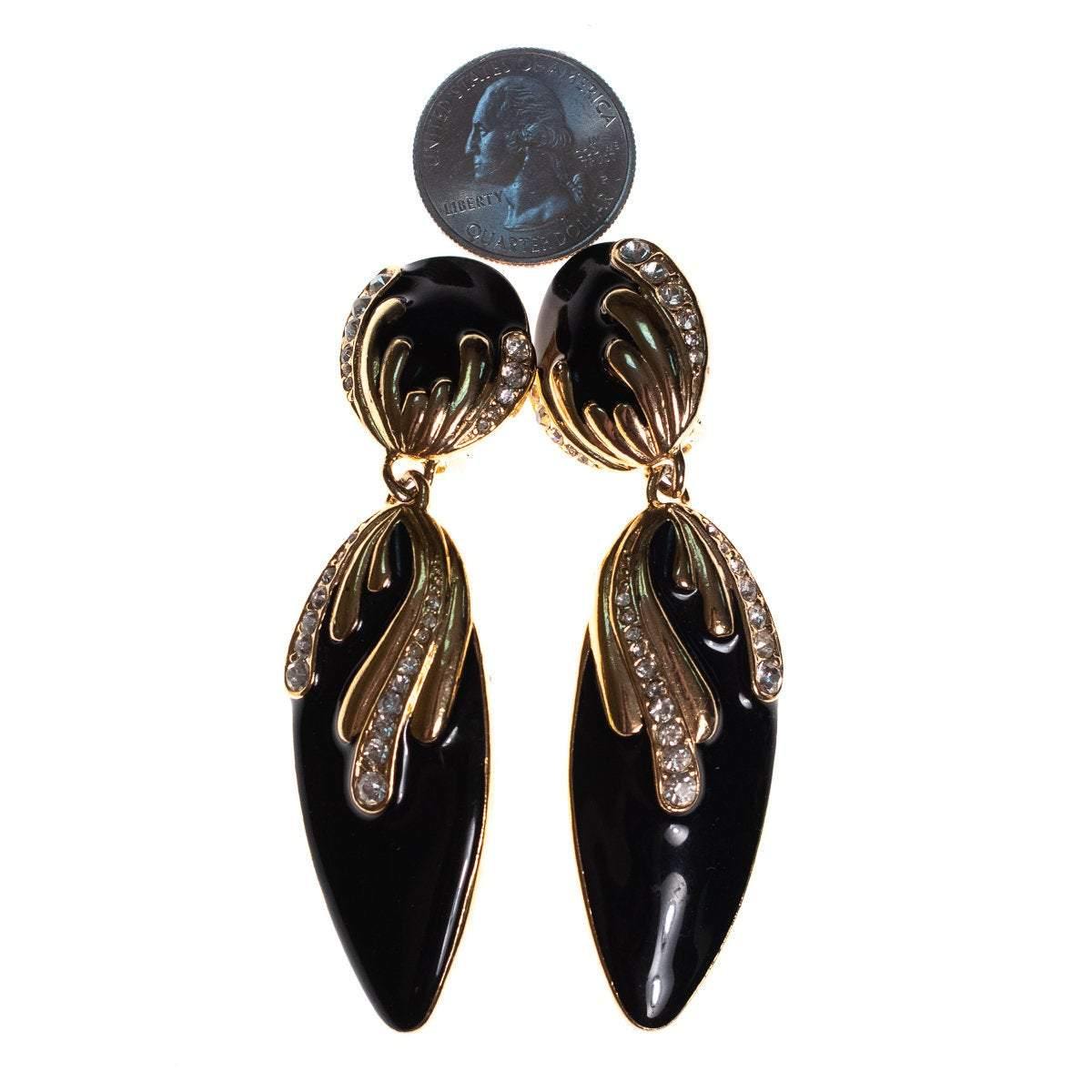 Vintage 1980s Black Enamel Earrings with Diamante Detailing by 1980s - Vintage Meet Modern Vintage Jewelry - Chicago, Illinois - #oldhollywoodglamour #vintagemeetmodern #designervintage #jewelrybox #antiquejewelry #vintagejewelry