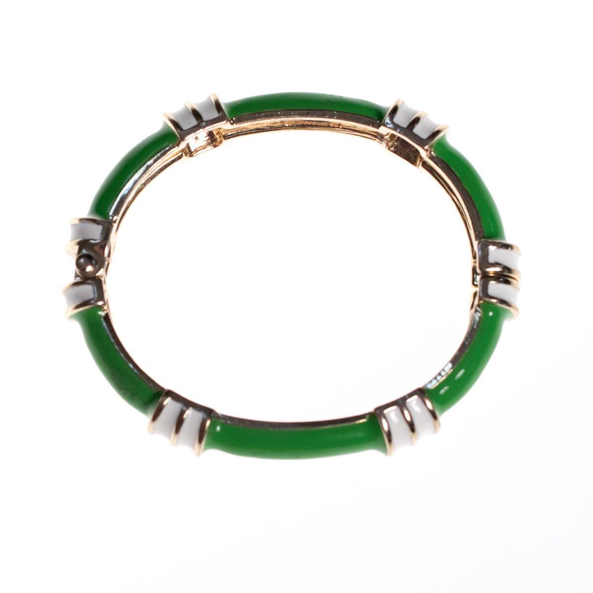 Vintage Fornash Green and White Enamel Bangle Bracelet with Hinge by Fornash - Vintage Meet Modern Vintage Jewelry - Chicago, Illinois - #oldhollywoodglamour #vintagemeetmodern #designervintage #jewelrybox #antiquejewelry #vintagejewelry