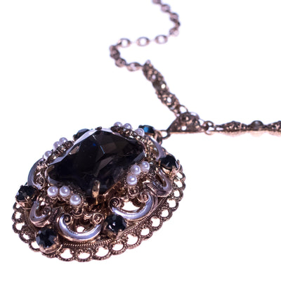 Vintage 1950s West German Crystal and Faux Pearl Filigree Necklace by West Germany - Vintage Meet Modern Vintage Jewelry - Chicago, Illinois - #oldhollywoodglamour #vintagemeetmodern #designervintage #jewelrybox #antiquejewelry #vintagejewelry