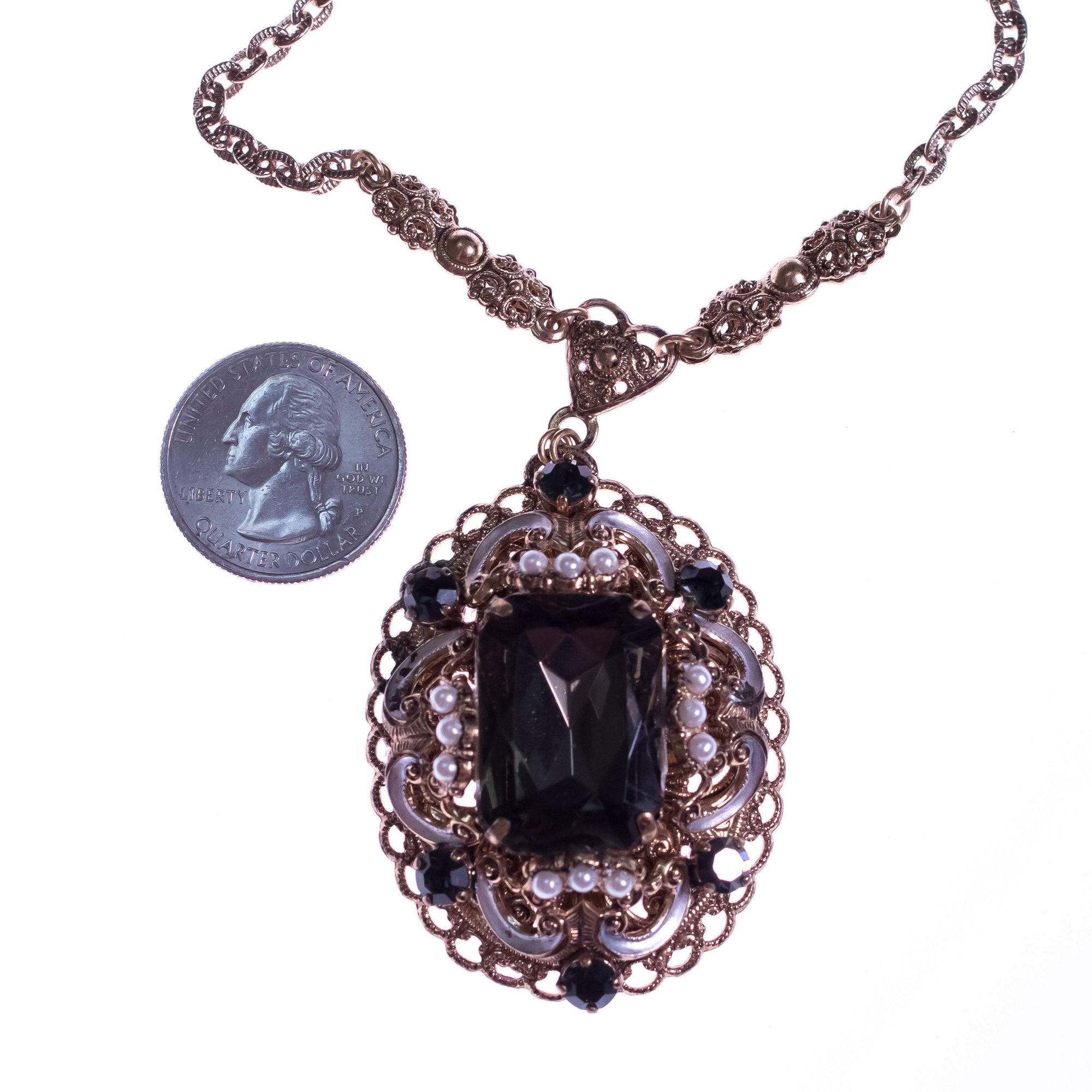 Vintage 1950s West German Crystal and Faux Pearl Filigree Necklace by West Germany - Vintage Meet Modern Vintage Jewelry - Chicago, Illinois - #oldhollywoodglamour #vintagemeetmodern #designervintage #jewelrybox #antiquejewelry #vintagejewelry