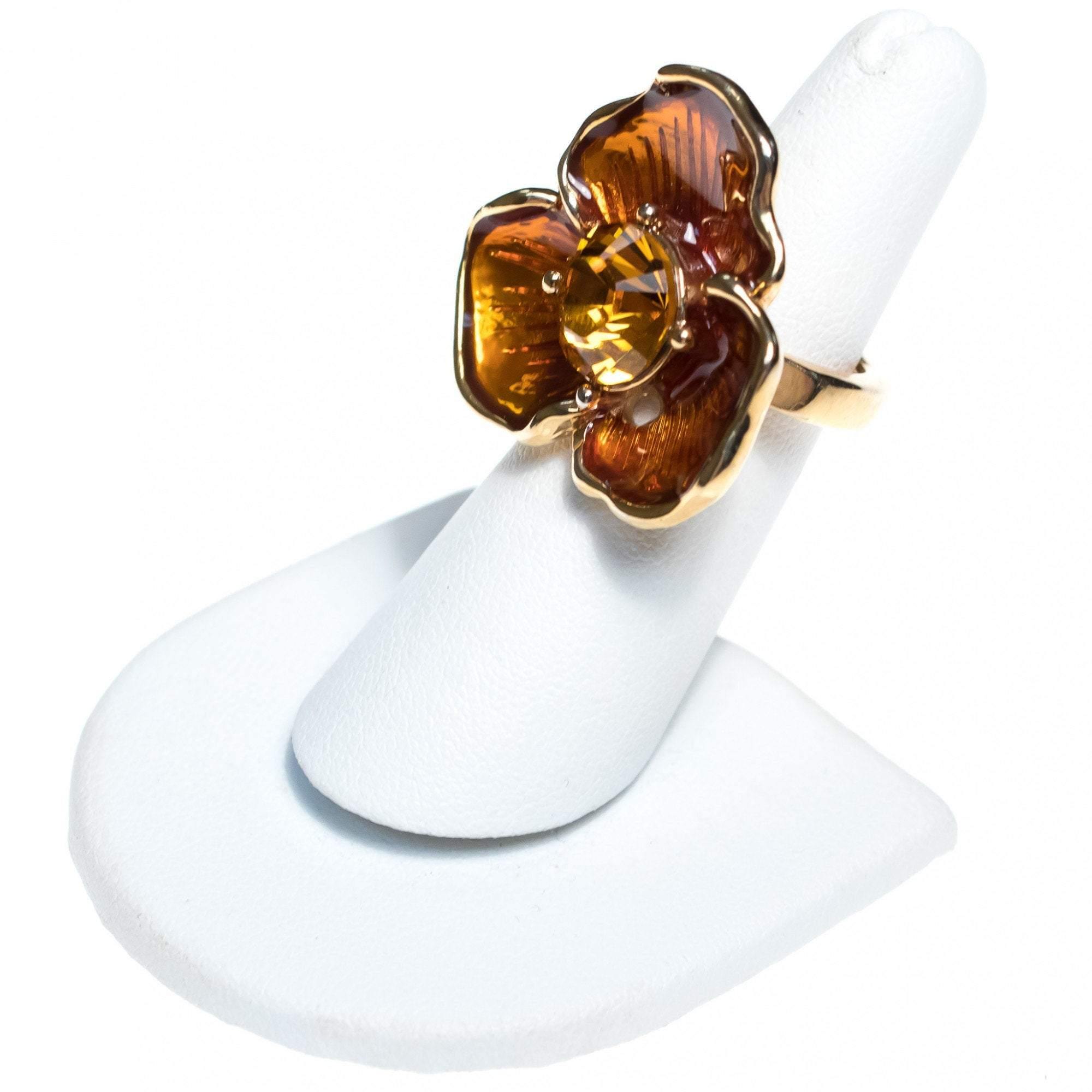 Vintage Kenneth Jay Lane Golden Pansy Ring with Amber Crystal by Kenneth Jay Lane - Vintage Meet Modern Vintage Jewelry - Chicago, Illinois - #oldhollywoodglamour #vintagemeetmodern #designervintage #jewelrybox #antiquejewelry #vintagejewelry