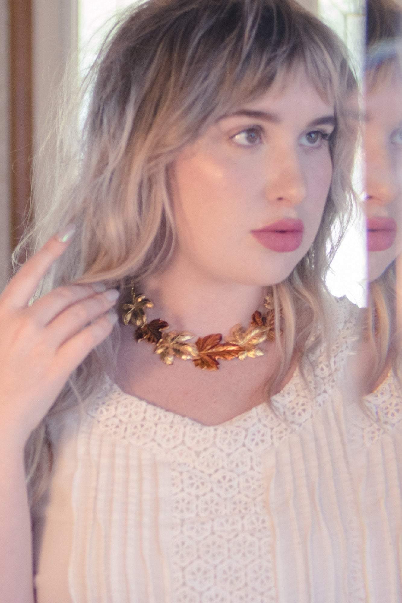 Vintage Anne Klein Couture Gold and Amber Leaves Statement Necklace by Anne Klein - Vintage Meet Modern Vintage Jewelry - Chicago, Illinois - #oldhollywoodglamour #vintagemeetmodern #designervintage #jewelrybox #antiquejewelry #vintagejewelry