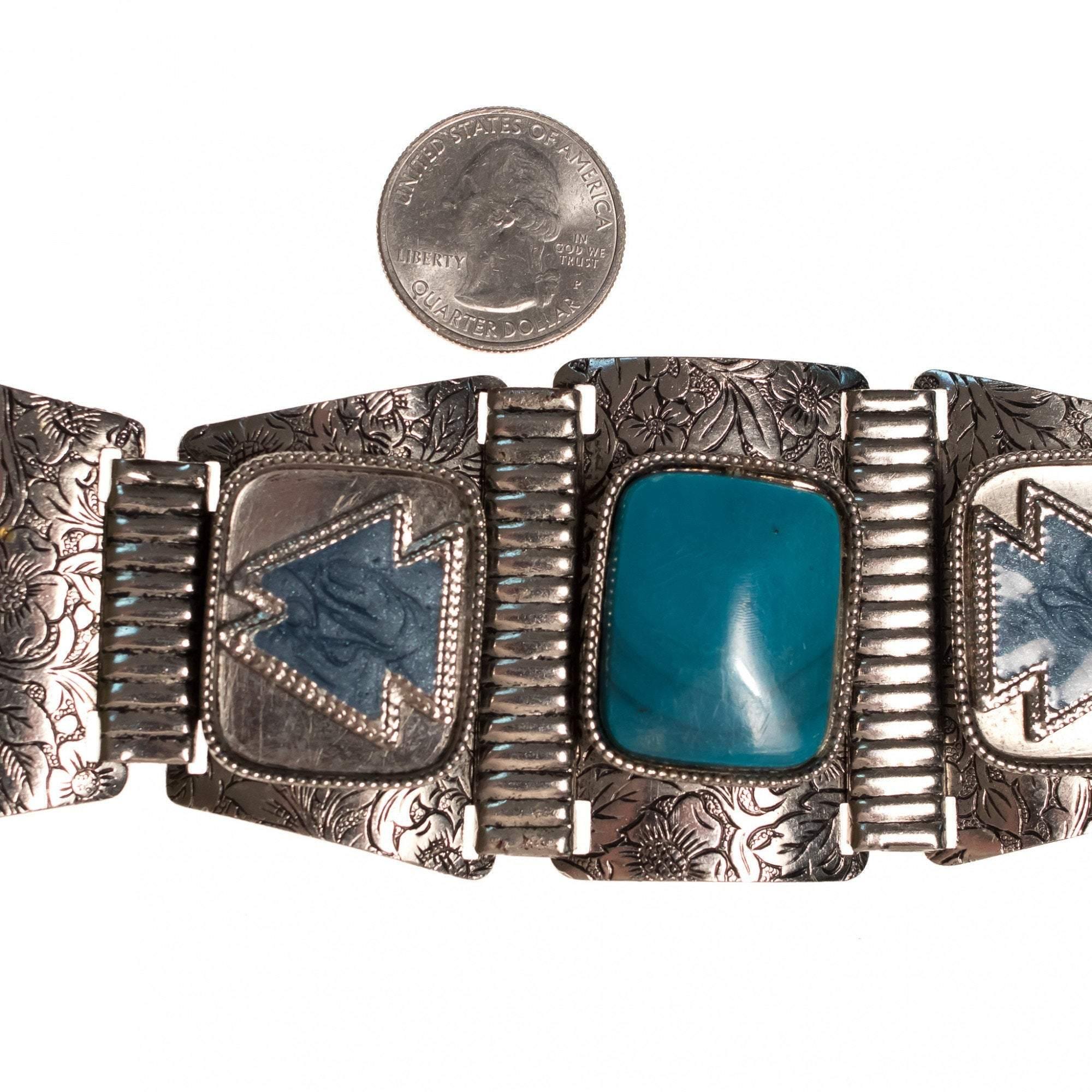 Vintage Boho Chic Mid Century Modern Silver and Turquoise Lucite Chunky Panel Bracelet by Mid Century Modern - Vintage Meet Modern Vintage Jewelry - Chicago, Illinois - #oldhollywoodglamour #vintagemeetmodern #designervintage #jewelrybox #antiquejewelry #vintagejewelry