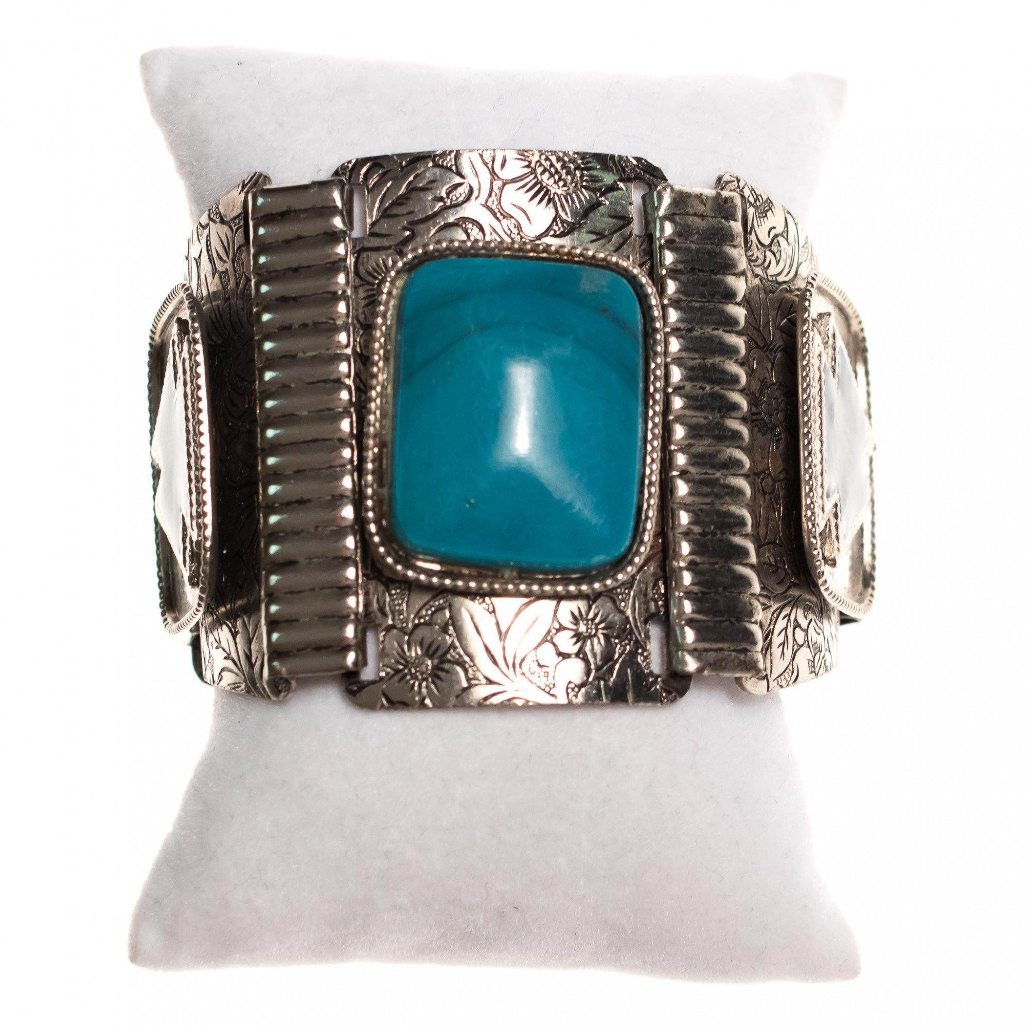 Vintage Boho Chic Mid Century Modern Silver and Turquoise Lucite Chunky Panel Bracelet by Mid Century Modern - Vintage Meet Modern Vintage Jewelry - Chicago, Illinois - #oldhollywoodglamour #vintagemeetmodern #designervintage #jewelrybox #antiquejewelry #vintagejewelry