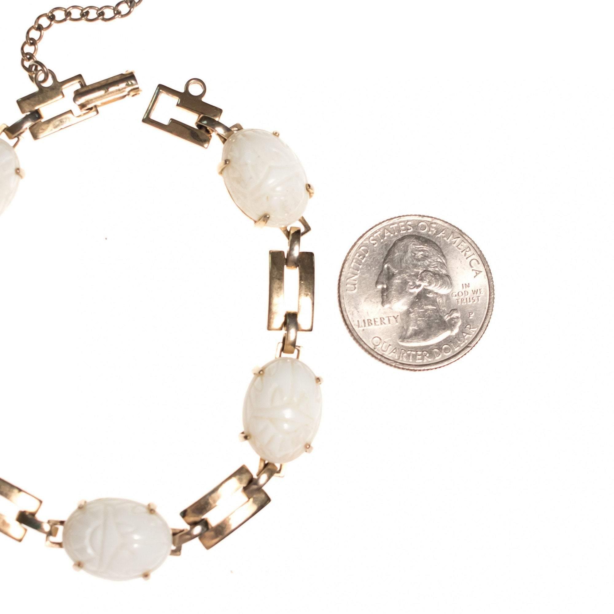 Vintage Mid Century Modern White Lucite Scarab Bracelet by Mid Century Modern - Vintage Meet Modern Vintage Jewelry - Chicago, Illinois - #oldhollywoodglamour #vintagemeetmodern #designervintage #jewelrybox #antiquejewelry #vintagejewelry