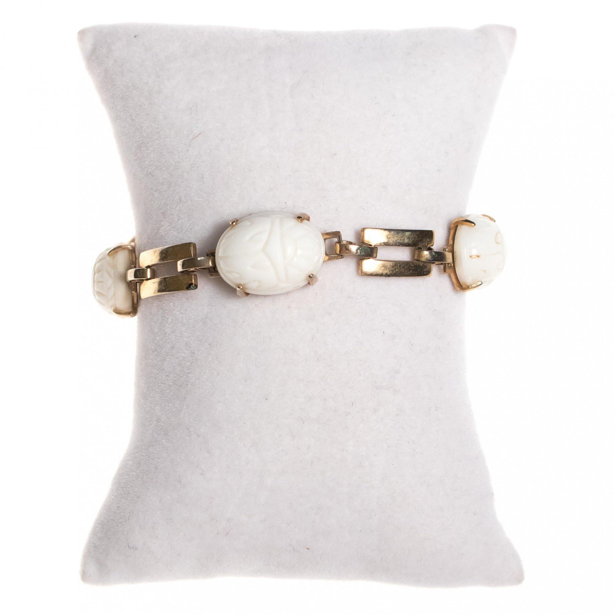 Vintage Mid Century Modern White Lucite Scarab Bracelet by Mid Century Modern - Vintage Meet Modern Vintage Jewelry - Chicago, Illinois - #oldhollywoodglamour #vintagemeetmodern #designervintage #jewelrybox #antiquejewelry #vintagejewelry