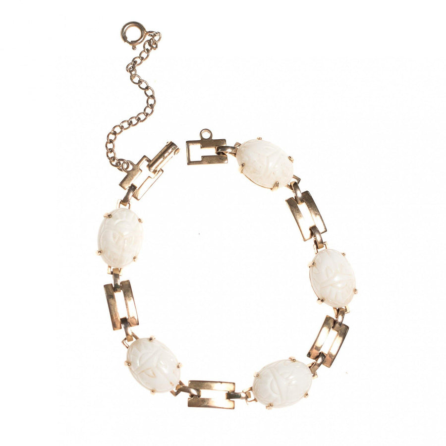 Vintage Mid Century Modern White Lucite Scarab Bracelet by Mid Century Modern - Vintage Meet Modern Vintage Jewelry - Chicago, Illinois - #oldhollywoodglamour #vintagemeetmodern #designervintage #jewelrybox #antiquejewelry #vintagejewelry