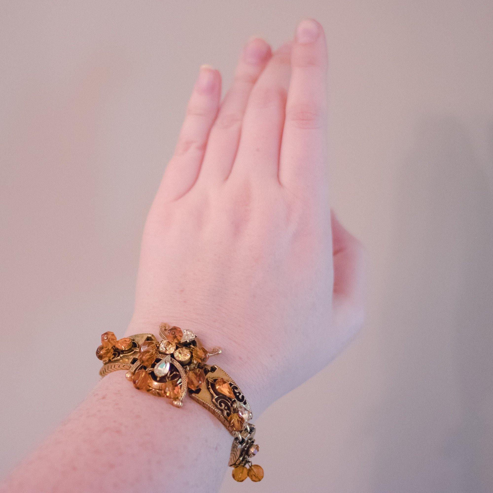 Vintage Victorian Revival Ornate Bracelet with Citrine and Amber Rhinestones by Mid Century Modern - Vintage Meet Modern Vintage Jewelry - Chicago, Illinois - #oldhollywoodglamour #vintagemeetmodern #designervintage #jewelrybox #antiquejewelry #vintagejewelry