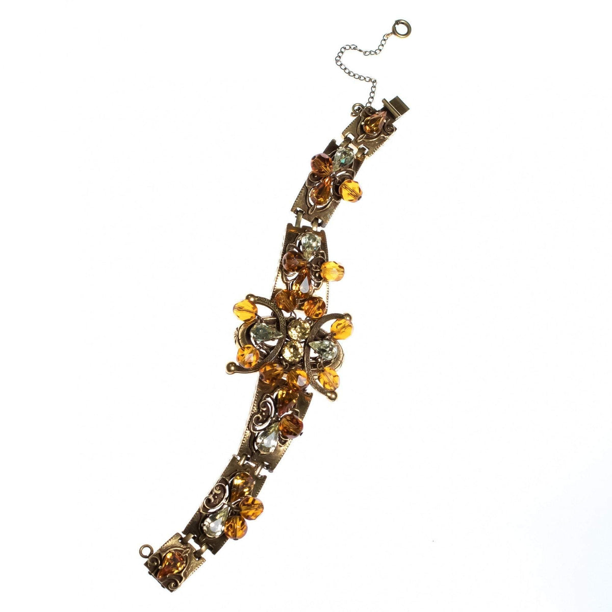 Vintage Victorian Revival Ornate Bracelet with Citrine and Amber Rhinestones