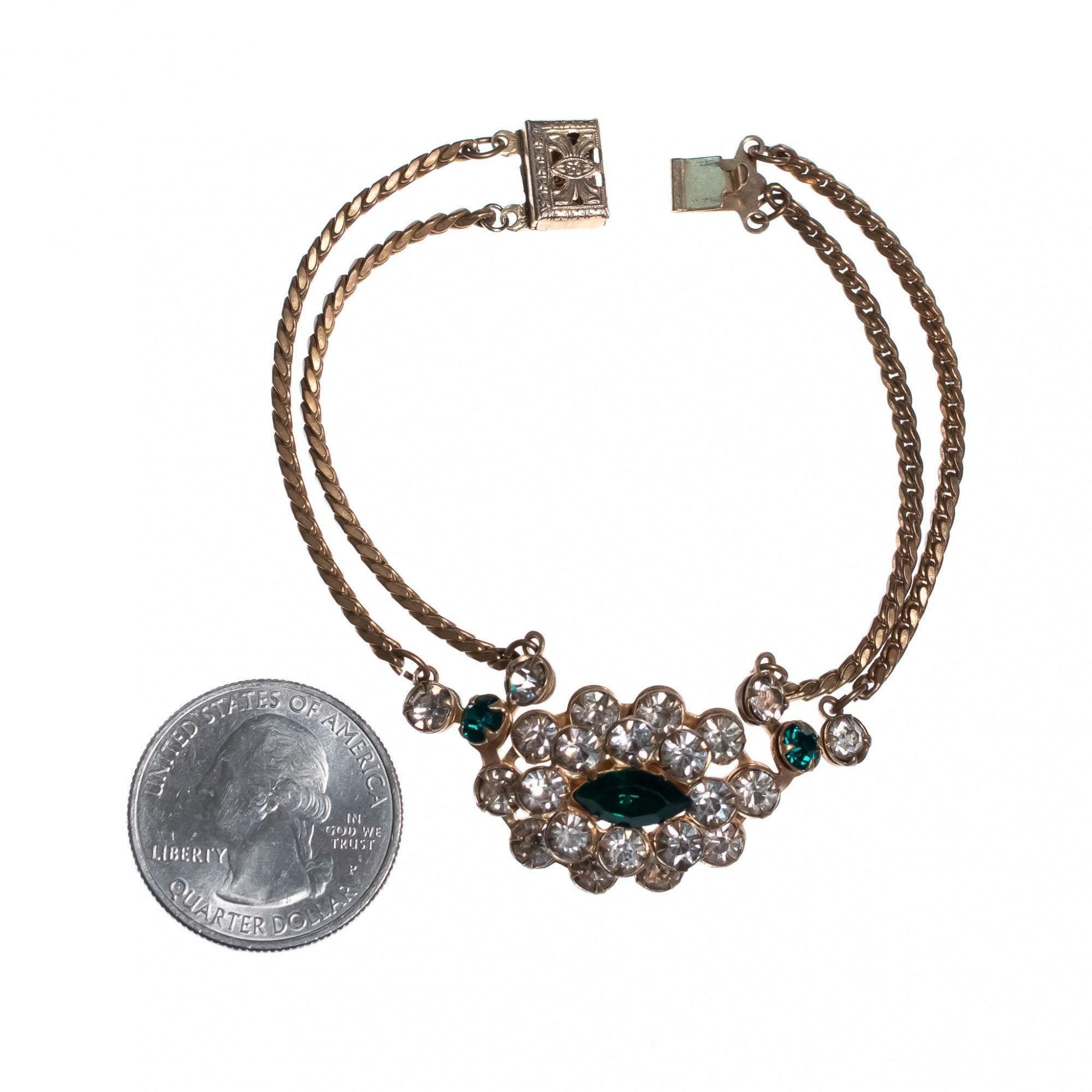 Vintage 1940s Gilt Bracelet with Diamante and Emerald Green Crystals by Unsigned Beauty - Vintage Meet Modern Vintage Jewelry - Chicago, Illinois - #oldhollywoodglamour #vintagemeetmodern #designervintage #jewelrybox #antiquejewelry #vintagejewelry