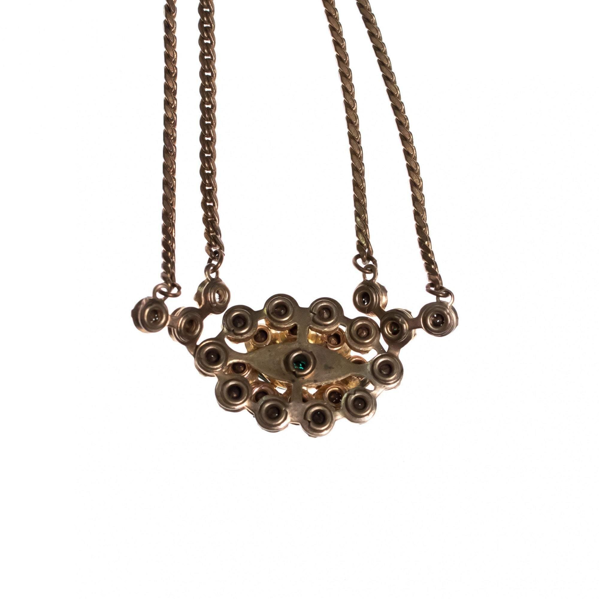 Vintage 1940s Gilt Bracelet with Diamante and Emerald Green Crystals by Unsigned Beauty - Vintage Meet Modern Vintage Jewelry - Chicago, Illinois - #oldhollywoodglamour #vintagemeetmodern #designervintage #jewelrybox #antiquejewelry #vintagejewelry