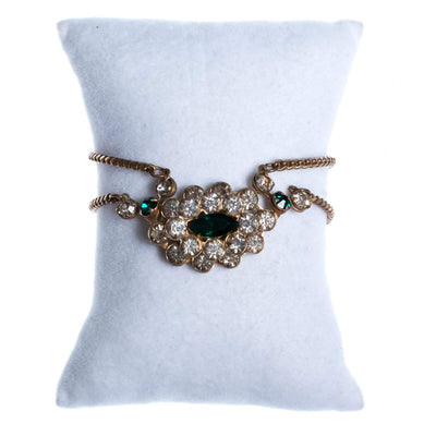 Vintage 1940s Gilt Bracelet with Diamante and Emerald Green Crystals by Unsigned Beauty - Vintage Meet Modern Vintage Jewelry - Chicago, Illinois - #oldhollywoodglamour #vintagemeetmodern #designervintage #jewelrybox #antiquejewelry #vintagejewelry