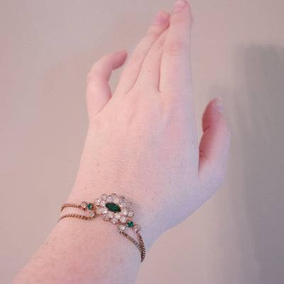 Vintage 1940s Gilt Bracelet with Diamante and Emerald Green Crystals by Unsigned Beauty - Vintage Meet Modern Vintage Jewelry - Chicago, Illinois - #oldhollywoodglamour #vintagemeetmodern #designervintage #jewelrybox #antiquejewelry #vintagejewelry