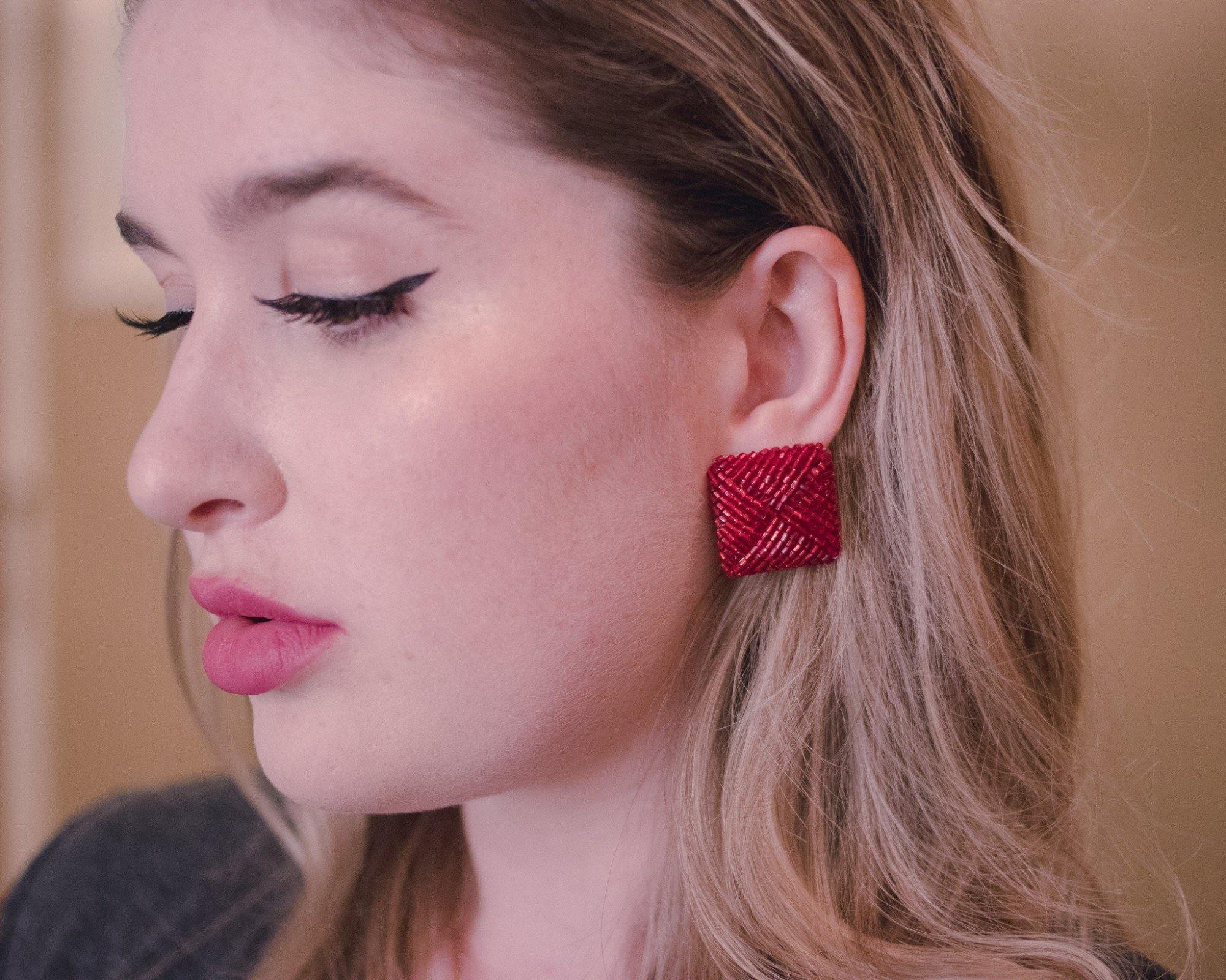 Vintage 1980s Square Red Seed Bead Earrings by 1980s - Vintage Meet Modern Vintage Jewelry - Chicago, Illinois - #oldhollywoodglamour #vintagemeetmodern #designervintage #jewelrybox #antiquejewelry #vintagejewelry