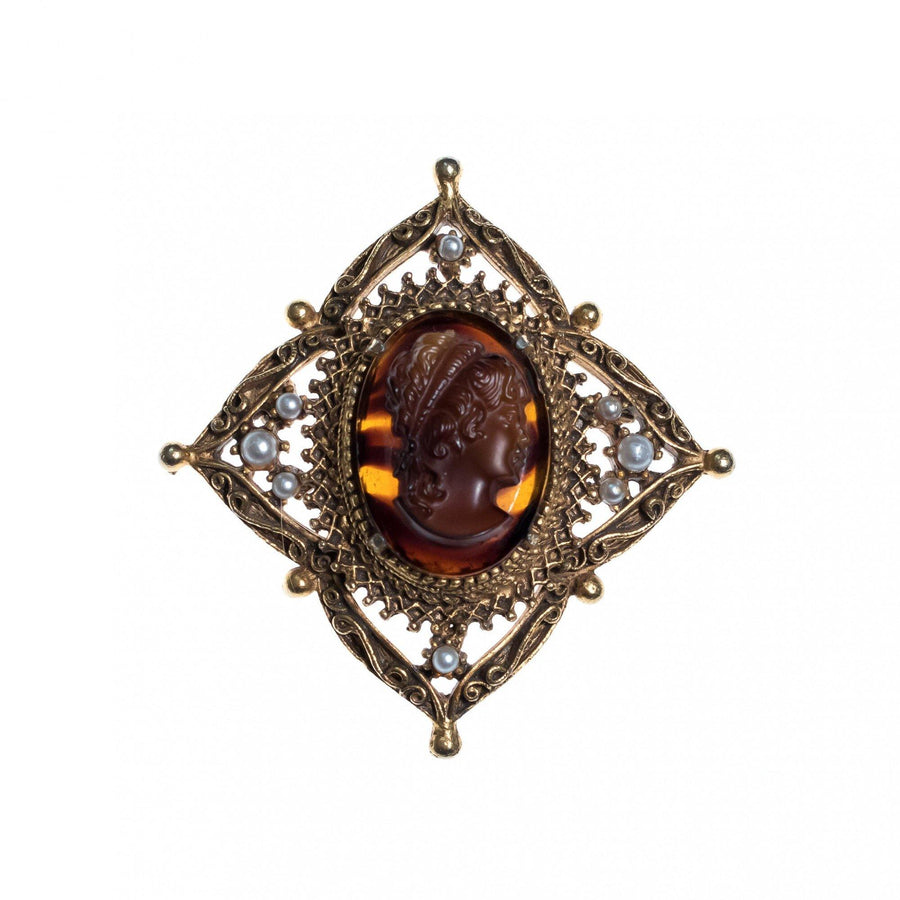 Vintage Florenza Cameo Tortoise with Faux Pearls by Florenza - Vintage Meet Modern Vintage Jewelry - Chicago, Illinois - #oldhollywoodglamour #vintagemeetmodern #designervintage #jewelrybox #antiquejewelry #vintagejewelry