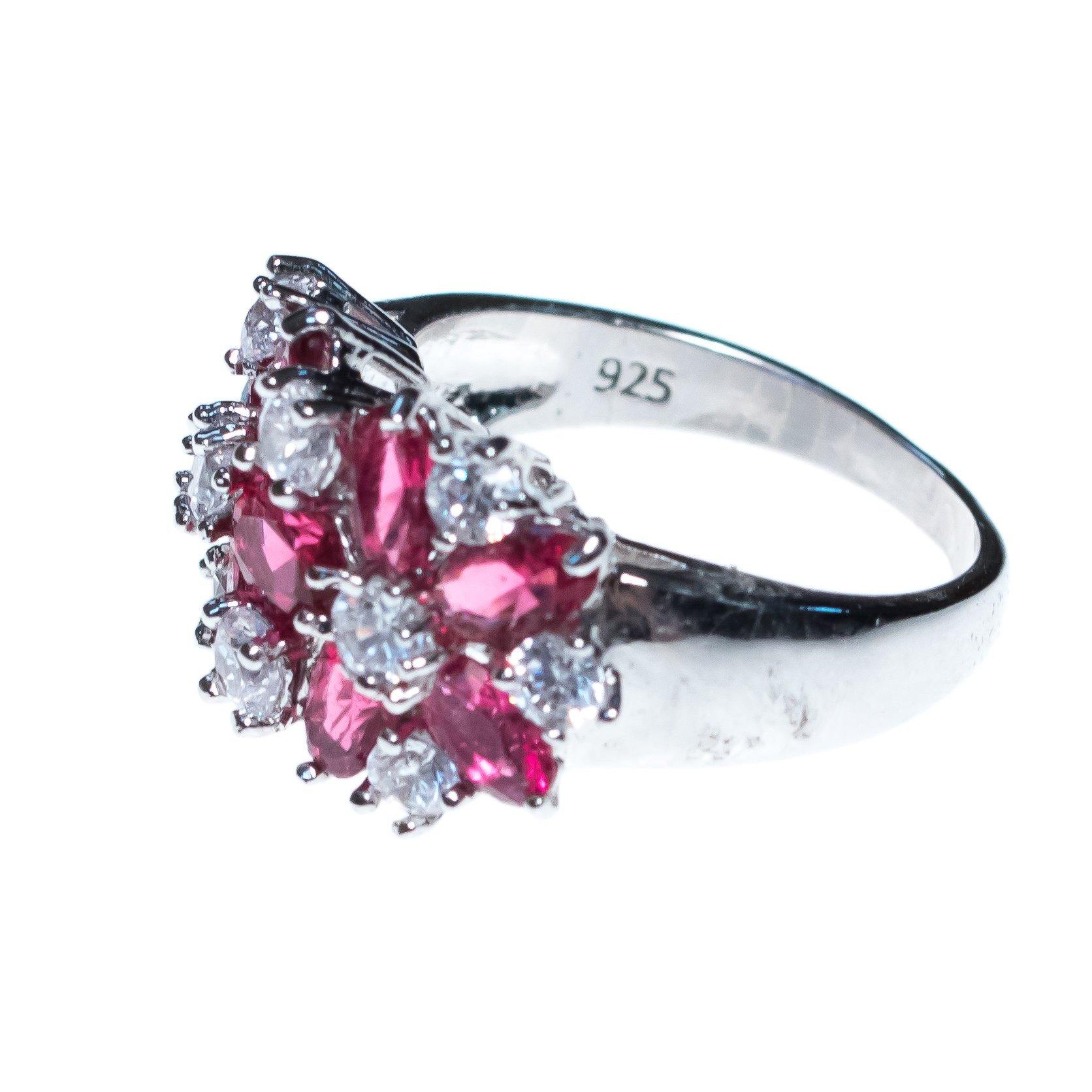 Vintage Ruby and CZ Wide Band Flower Ring by 1980s - Vintage Meet Modern Vintage Jewelry - Chicago, Illinois - #oldhollywoodglamour #vintagemeetmodern #designervintage #jewelrybox #antiquejewelry #vintagejewelry