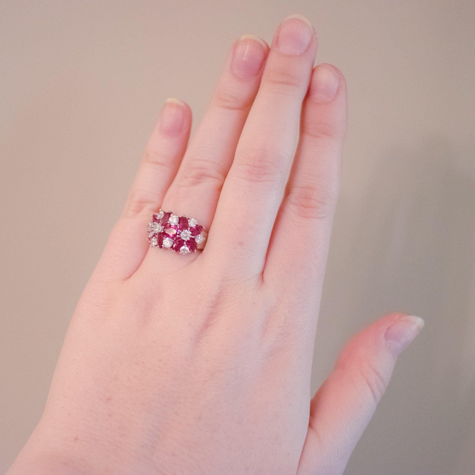 Vintage Ruby and CZ Wide Band Flower Ring by 1980s - Vintage Meet Modern Vintage Jewelry - Chicago, Illinois - #oldhollywoodglamour #vintagemeetmodern #designervintage #jewelrybox #antiquejewelry #vintagejewelry