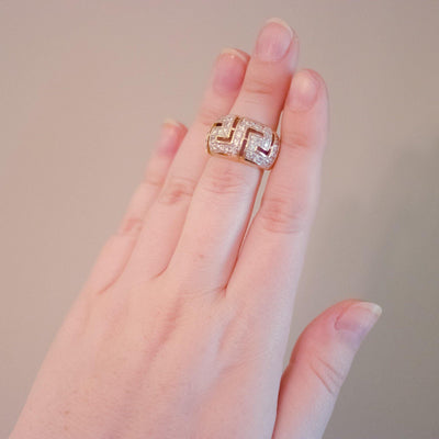 Vintage Wide Band Geometric CZ Ring set in 18kt Gold Plate and Sterling Silver by 1980s - Vintage Meet Modern Vintage Jewelry - Chicago, Illinois - #oldhollywoodglamour #vintagemeetmodern #designervintage #jewelrybox #antiquejewelry #vintagejewelry