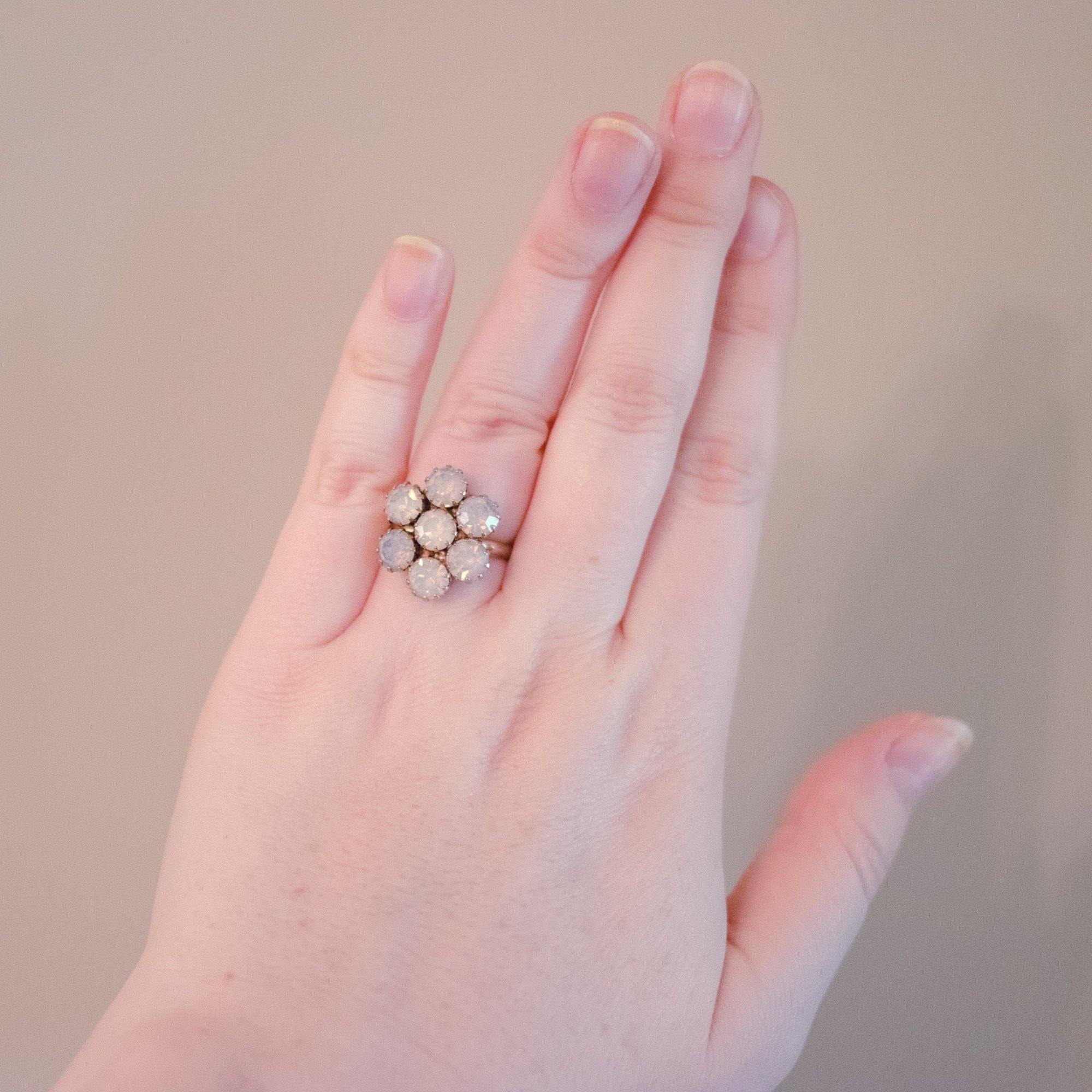 Vintage Opaline Rhinestone Blossom Statement Ring by 1950s - Vintage Meet Modern Vintage Jewelry - Chicago, Illinois - #oldhollywoodglamour #vintagemeetmodern #designervintage #jewelrybox #antiquejewelry #vintagejewelry