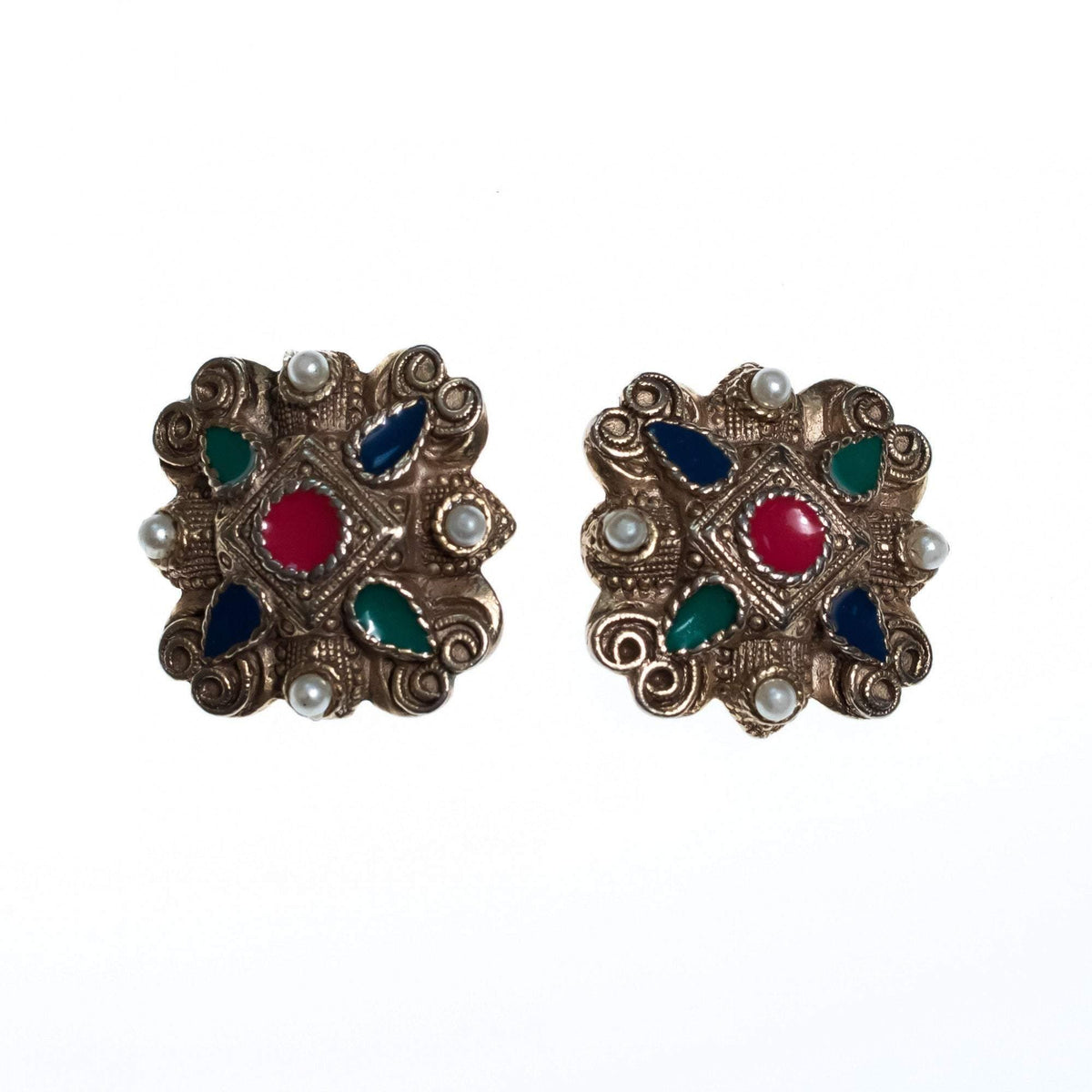 Vintage Silver Embossed Earrings with Red, Green, Blue Enamel and Faux Pearls