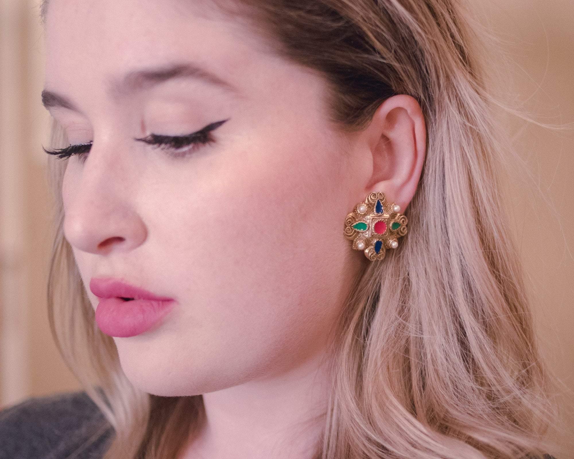 Vintage Silver Embossed Earrings with Red, Green, Blue Enamel and Faux Pearls by 1960s - Vintage Meet Modern Vintage Jewelry - Chicago, Illinois - #oldhollywoodglamour #vintagemeetmodern #designervintage #jewelrybox #antiquejewelry #vintagejewelry