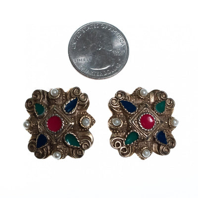 Vintage Silver Embossed Earrings with Red, Green, Blue Enamel and Faux Pearls by 1960s - Vintage Meet Modern Vintage Jewelry - Chicago, Illinois - #oldhollywoodglamour #vintagemeetmodern #designervintage #jewelrybox #antiquejewelry #vintagejewelry