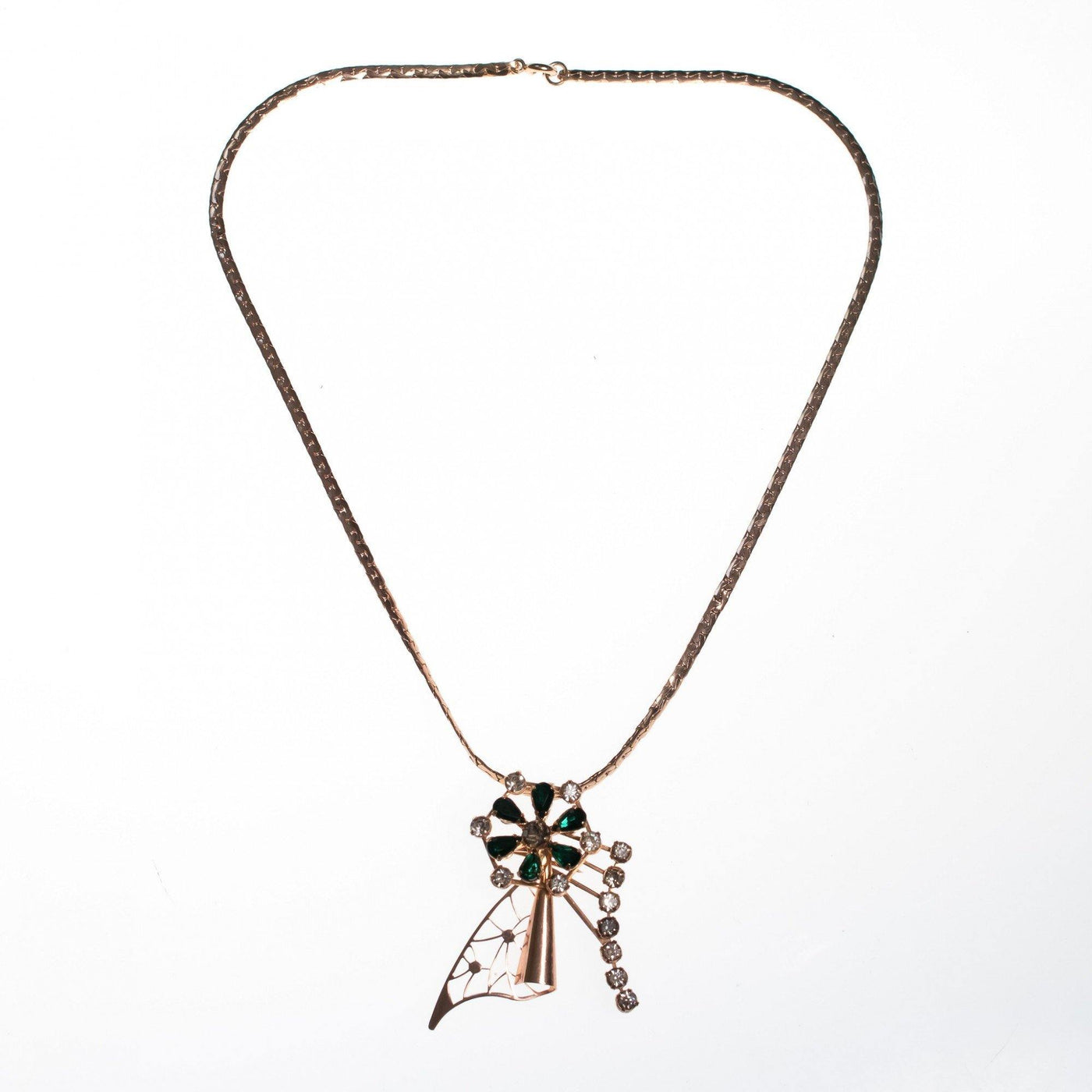 Vintage 1940s Gold Filled Pendant Necklace with Emerald Green Crystal Rhinestones