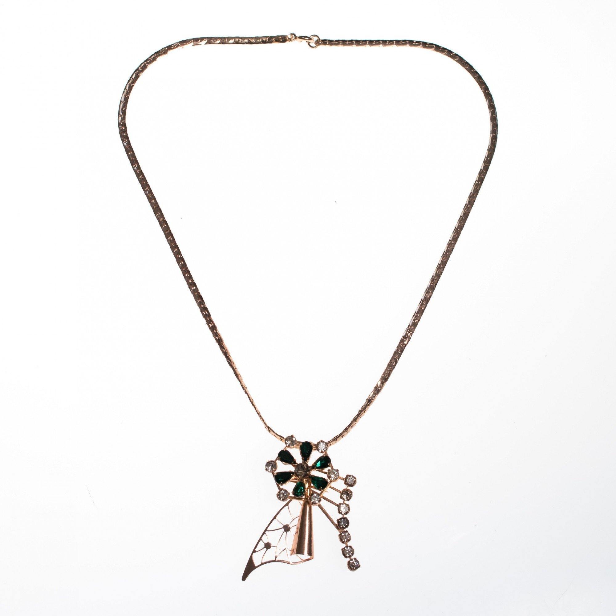 Vintage 1940s Gold Filled Pendant Necklace with Emerald Green Crystal Rhinestones by 1940s - Vintage Meet Modern Vintage Jewelry - Chicago, Illinois - #oldhollywoodglamour #vintagemeetmodern #designervintage #jewelrybox #antiquejewelry #vintagejewelry