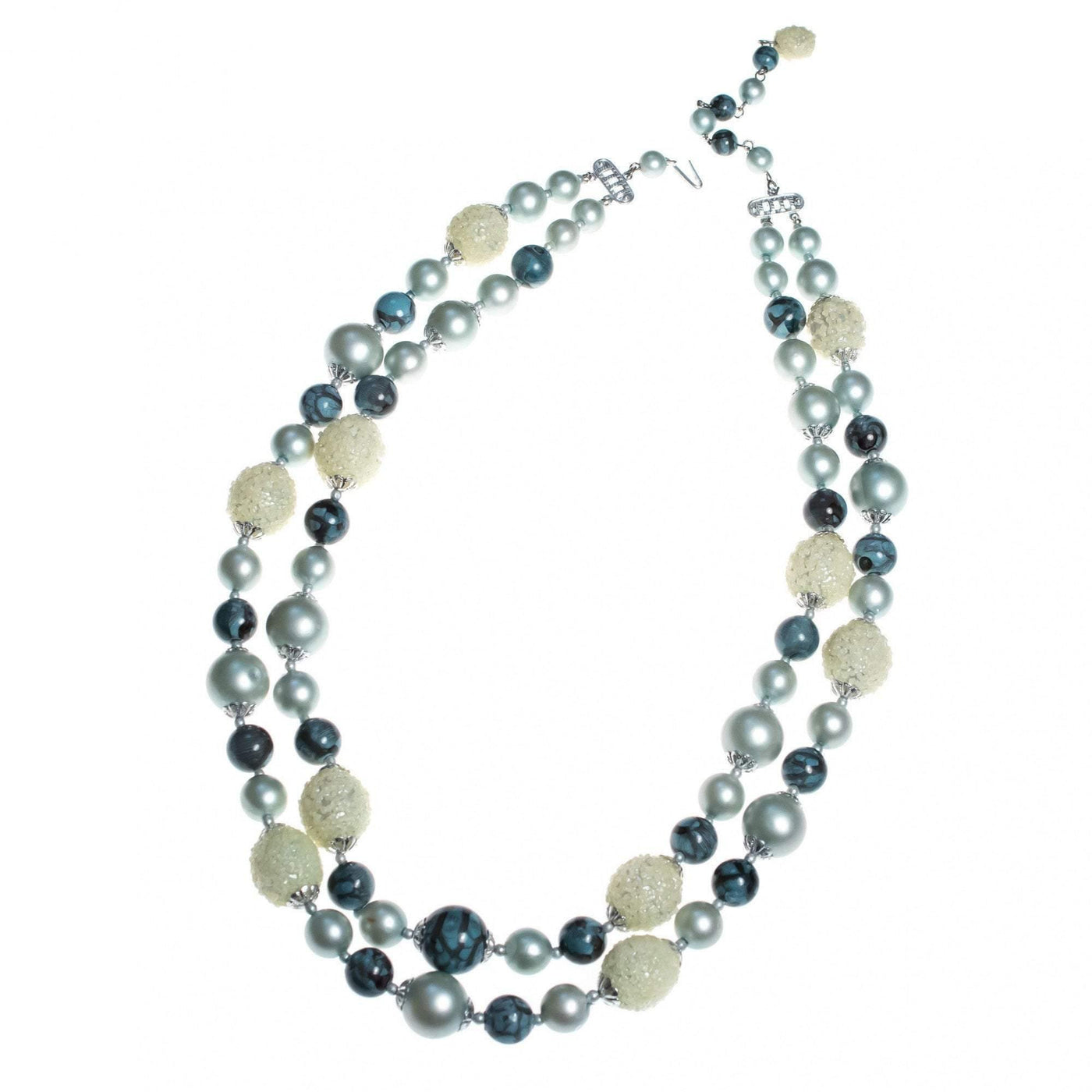 Vintage 1950s Slate Blue, Seafoam Green, and Gray Double Strand Beaded Necklace