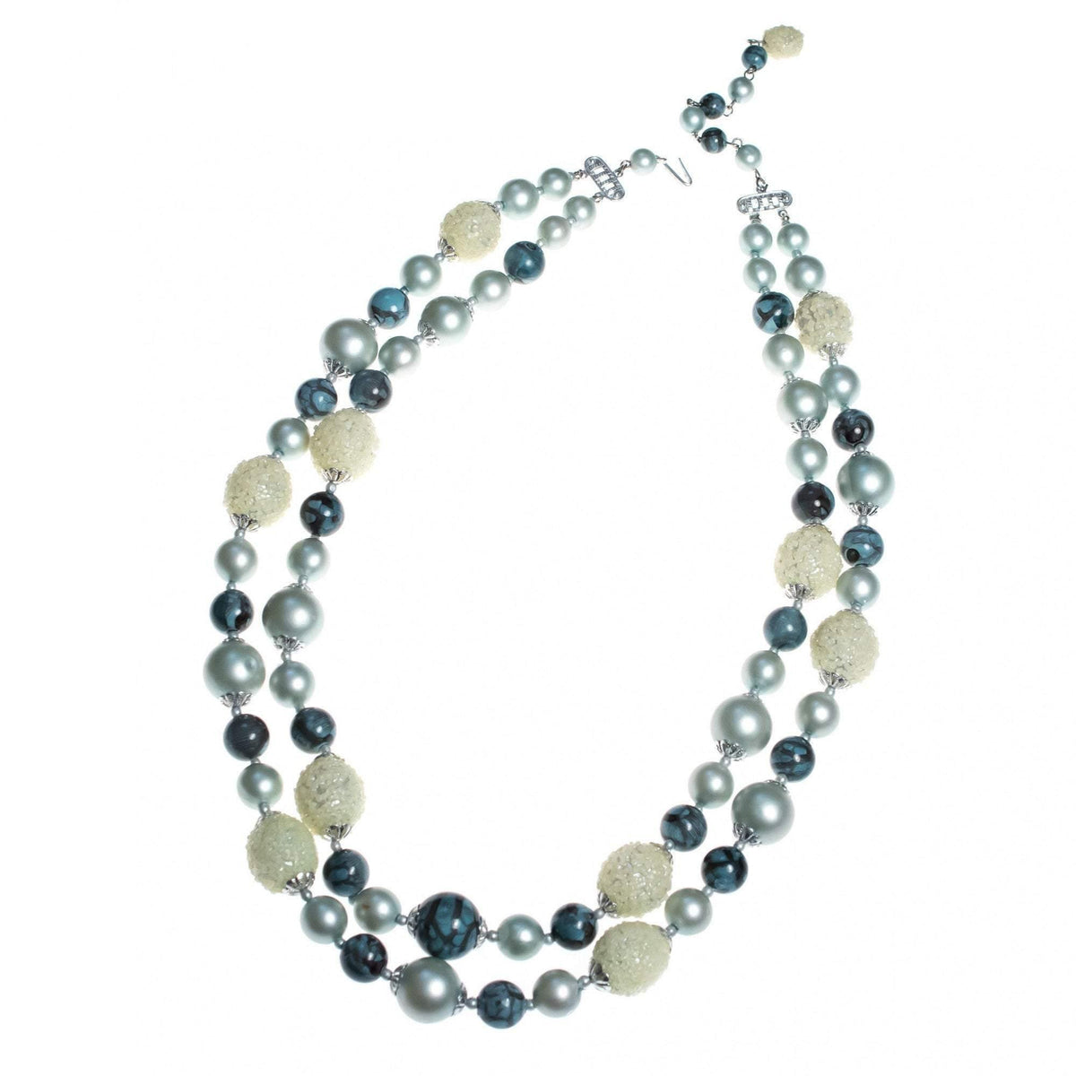 Vintage 1950s Slate Blue, Seafoam Green, and Gray Double Strand Beaded Necklace