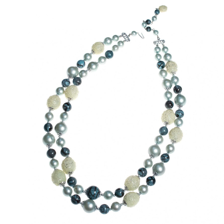 Vintage 1950s Slate Blue, Seafoam Green, and Gray Double Strand Beaded Necklace by Hong Kong - Vintage Meet Modern Vintage Jewelry - Chicago, Illinois - #oldhollywoodglamour #vintagemeetmodern #designervintage #jewelrybox #antiquejewelry #vintagejewelry