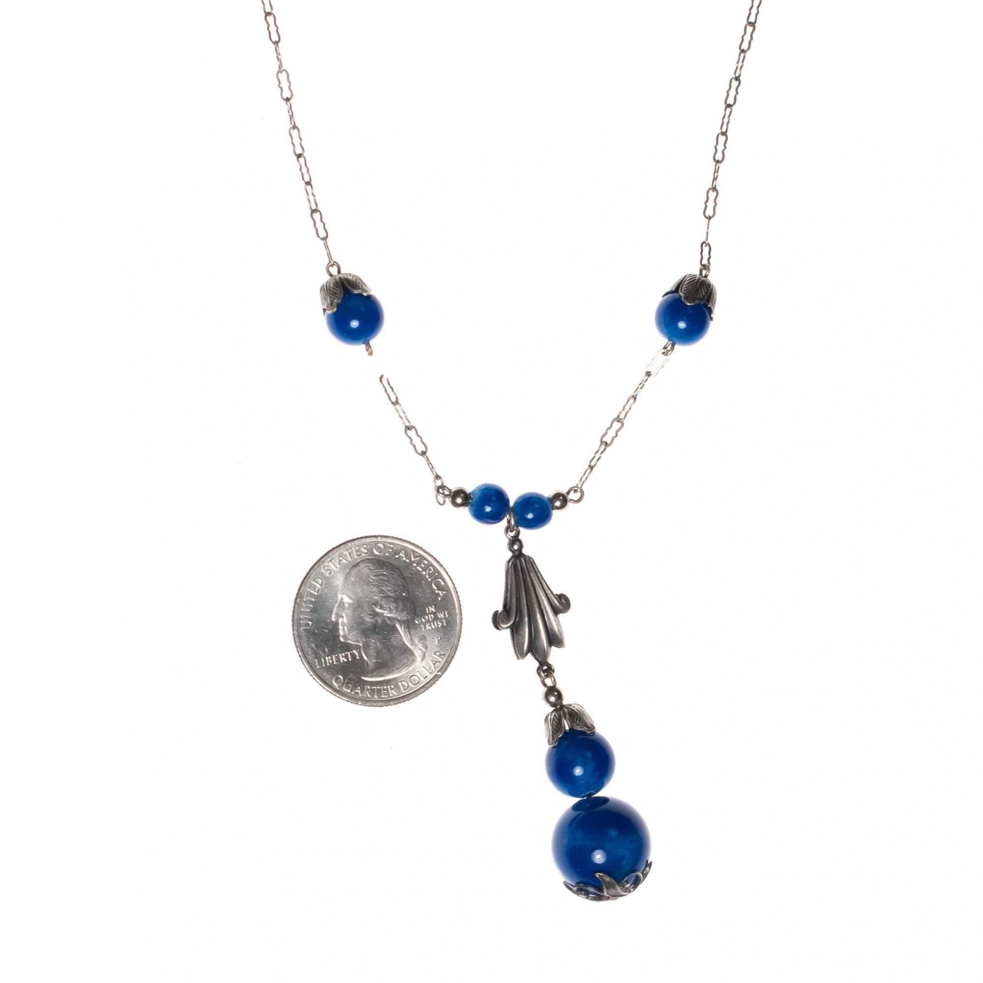 Vintage Art Deco Era Blue Glass Bead Lavalier Necklace by Art Deco - Vintage Meet Modern Vintage Jewelry - Chicago, Illinois - #oldhollywoodglamour #vintagemeetmodern #designervintage #jewelrybox #antiquejewelry #vintagejewelry