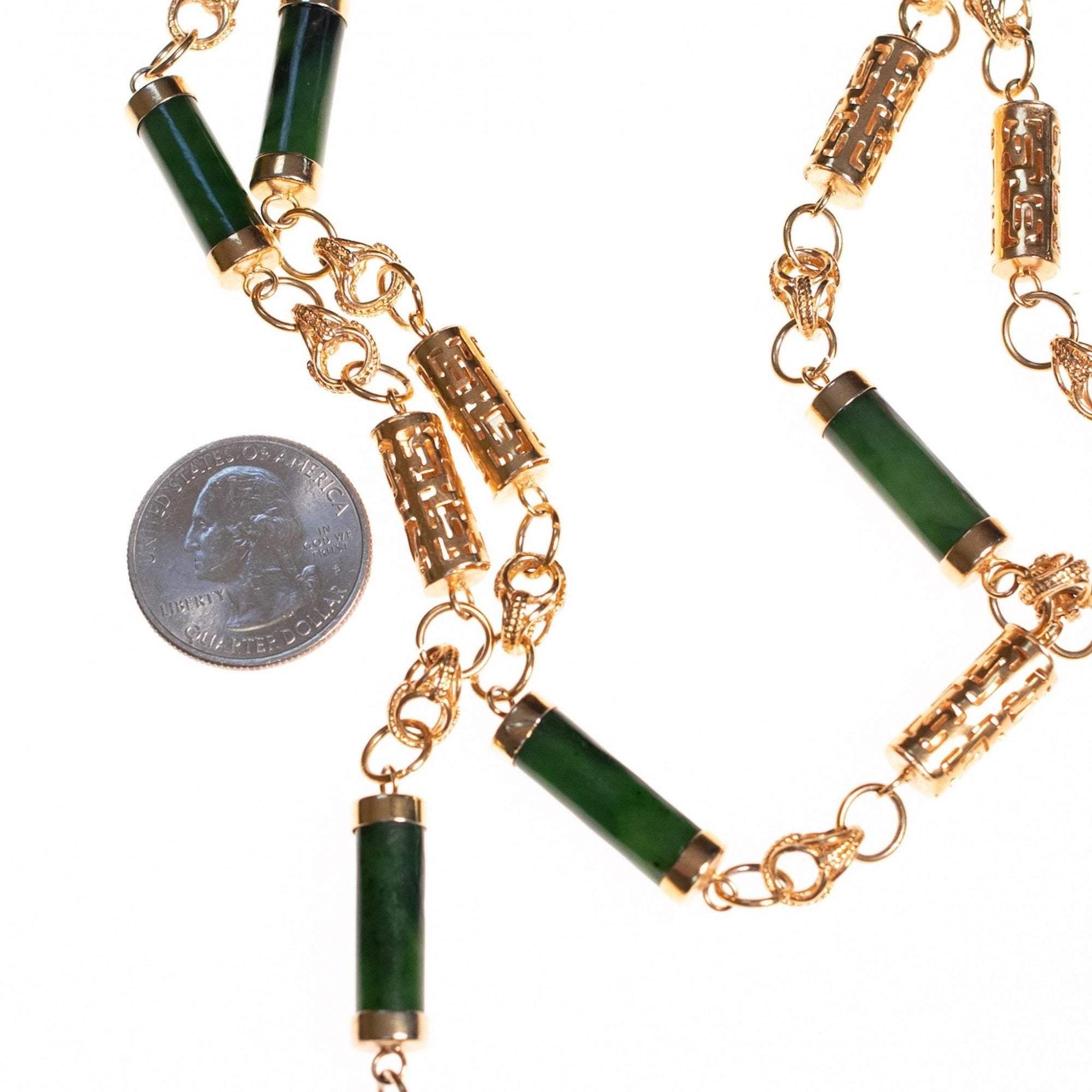 Vintage 1970s Nephrite Jade and Asian Character Barrel Bead Necklace by 1970s - Vintage Meet Modern Vintage Jewelry - Chicago, Illinois - #oldhollywoodglamour #vintagemeetmodern #designervintage #jewelrybox #antiquejewelry #vintagejewelry