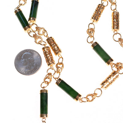 Vintage 1970s Nephrite Jade and Asian Character Barrel Bead Necklace by 1970s - Vintage Meet Modern Vintage Jewelry - Chicago, Illinois - #oldhollywoodglamour #vintagemeetmodern #designervintage #jewelrybox #antiquejewelry #vintagejewelry