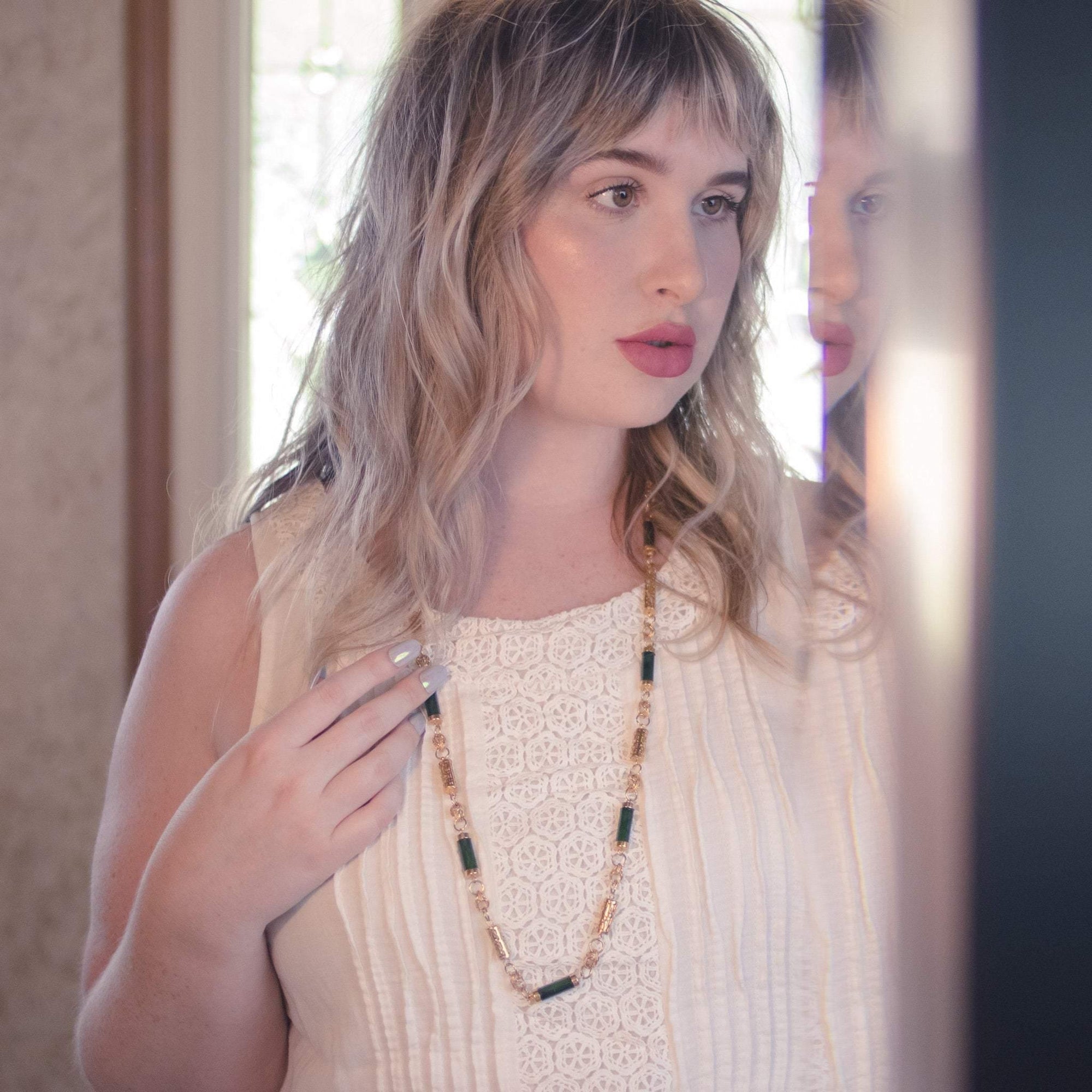 Vintage 1970s Nephrite Jade and Asian Character Barrel Bead Necklace by 1970s - Vintage Meet Modern Vintage Jewelry - Chicago, Illinois - #oldhollywoodglamour #vintagemeetmodern #designervintage #jewelrybox #antiquejewelry #vintagejewelry