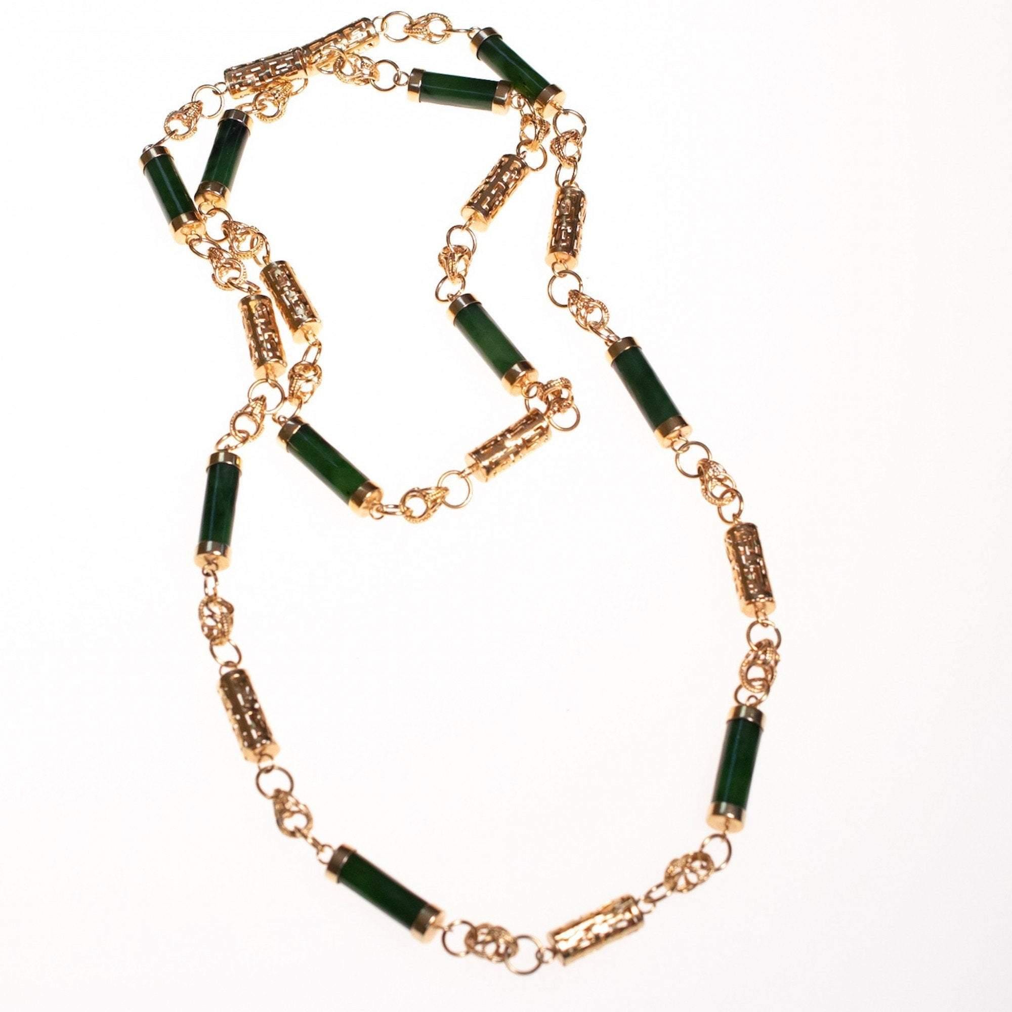 Vintage 1970s Nephrite Jade and Asian Character Barrel Bead Necklace by 1970s - Vintage Meet Modern Vintage Jewelry - Chicago, Illinois - #oldhollywoodglamour #vintagemeetmodern #designervintage #jewelrybox #antiquejewelry #vintagejewelry